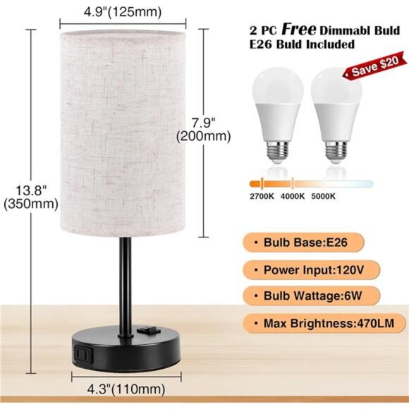 ZJOJO Table Lamp for Bedroom Set of 2, Bedside Small Lamps with 3 Way Dimmable - Picture 9 of 14